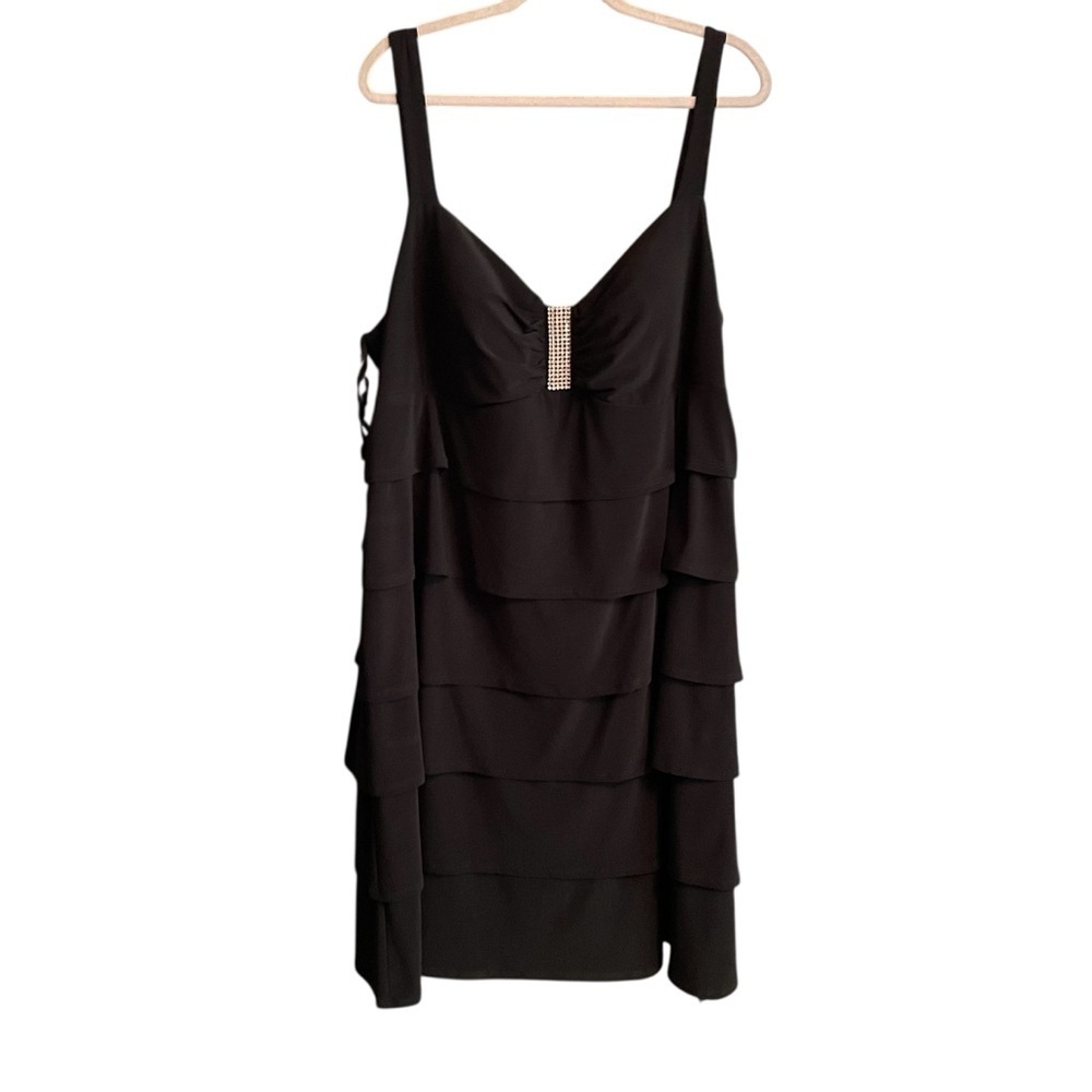 Laura Plus Elegant Black Layered Dress-V-Neck-Rhinestone Embellishment-Size24W